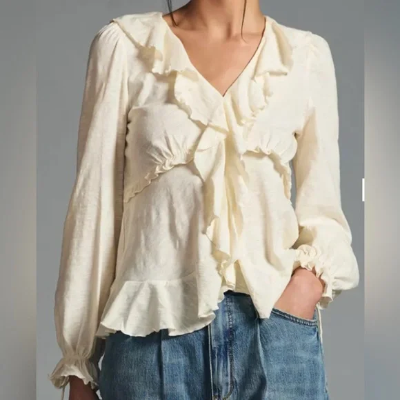 Anthropologie Cream Ruffled V-Neck Long Sleeve Blouse - Picture 1 of 9